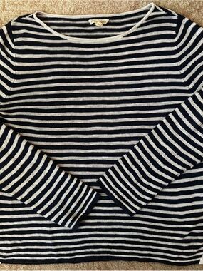 Eileen Fisher Organic Linen Cotton Navy Stripe Boat Neck Sweater M